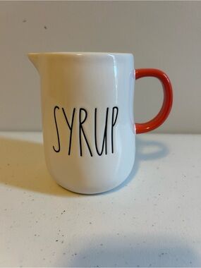 Rae Dunn White Ceramic Syrup Pitcher with Orange Handle